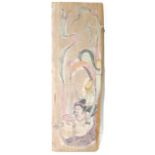 AN ORIENTAL WOODEN HAND PAINTED PANEL Goddess within stylized clouds. (approx 60cm x 19cm)