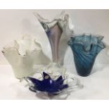 A COLLECTION OF FIVE 20TH CENTURY ITALIAN ART GLASS VASES Including three of handkerchief form and a