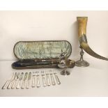 A WMF HORN VASE A cased horn handled carving set, six silver plated fruit knifes and forks