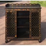 A 19TH CENTURY CHINOISERIE DECORATED SIDE CABINET With shaped galleried back above central open