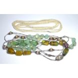 A SILVER, GEMSTONE AND PEARL SET NECKLACE Light green stones, together with a rice pearl