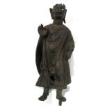 A CHINESE BRONZE STANDING BUDDHA FIGURE Tang dynasty style with one hand raised. (approx 30cm)