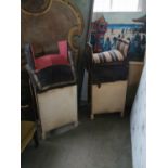 A PAIR OF EARLY 20TH CENTURY LEATHER AND UPHOLSTERED SADDLES On velvet clad pine stands. (62cm x