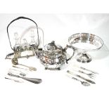 WMF, AN ART NOUVEAU SILVER PLATE AND GLASS CRUET Having an organic frame with three cruet bottles