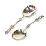 A PAIR OF VICTORIAN SILVER TABLESPOONS Having organic form handles, hallmarked Harrison Brothers,