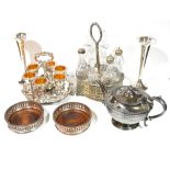 A COLLECTION OF VICTORIAN SILVER PLATED WARE Comprising a six bottle cruet, an egg cruet with gilt