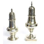 TWO GEORGIAN SILVER CASTERS Comprising a caster with square base, hallmarked London, 1802 and