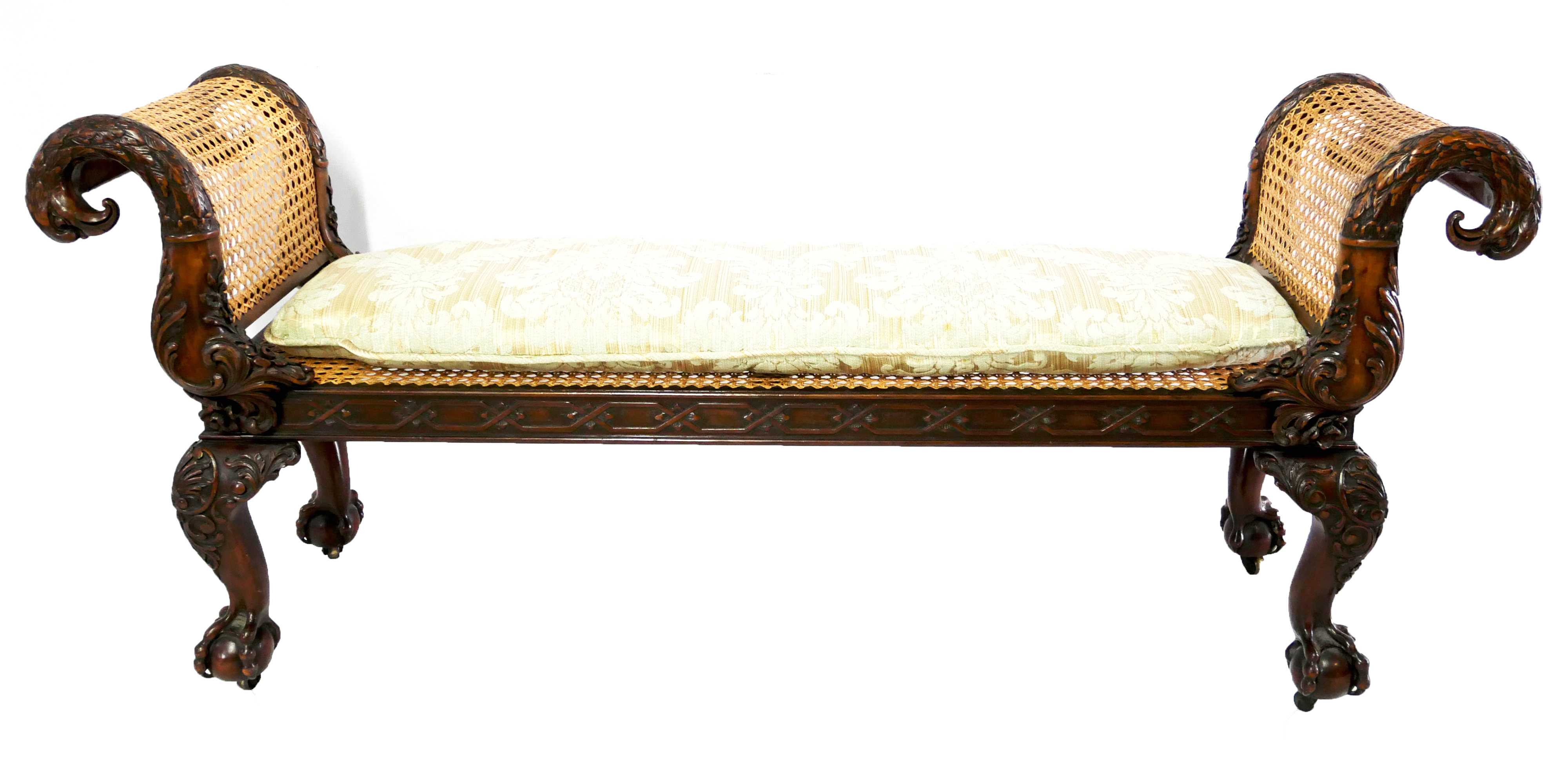 FINE 19TH CENTURY MAHOGANY WINDOW SEAT The ends carved with four scrolling eagle heads with flowers - Image 8 of 8