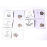 GETA, A COLLECTION IF FIVE ROMAN SILVER COINS Secvrit Imperii Securitas,199-202 Felicet as Avgg