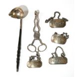 A COLLECTION OF GEORGIAN SILVER ITEMS Including four decanter labels, a whale bone toddy ladle and a