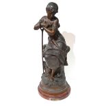 A. MOREAU , A LARGE LATE 19TH CENTURY FRENCH SPELTER STATUE Shepherdess on circular wooden base,