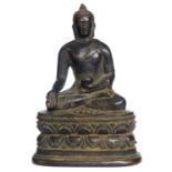 A CHINESE BRONZE BUDDHA Seated pose with ceremonial vessel and double lotus base Bearing a label