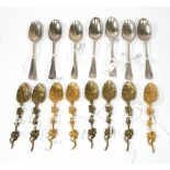 A SET OF SIX GEORGIAN SILVER TEASPOONS Hallmarked James Toovey, 1755, together with eight gilt metal