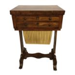 A REGENCY ROSEWOOD LADIES' WORK/GAMES TABLE The fold over top enclosing a green baize playing