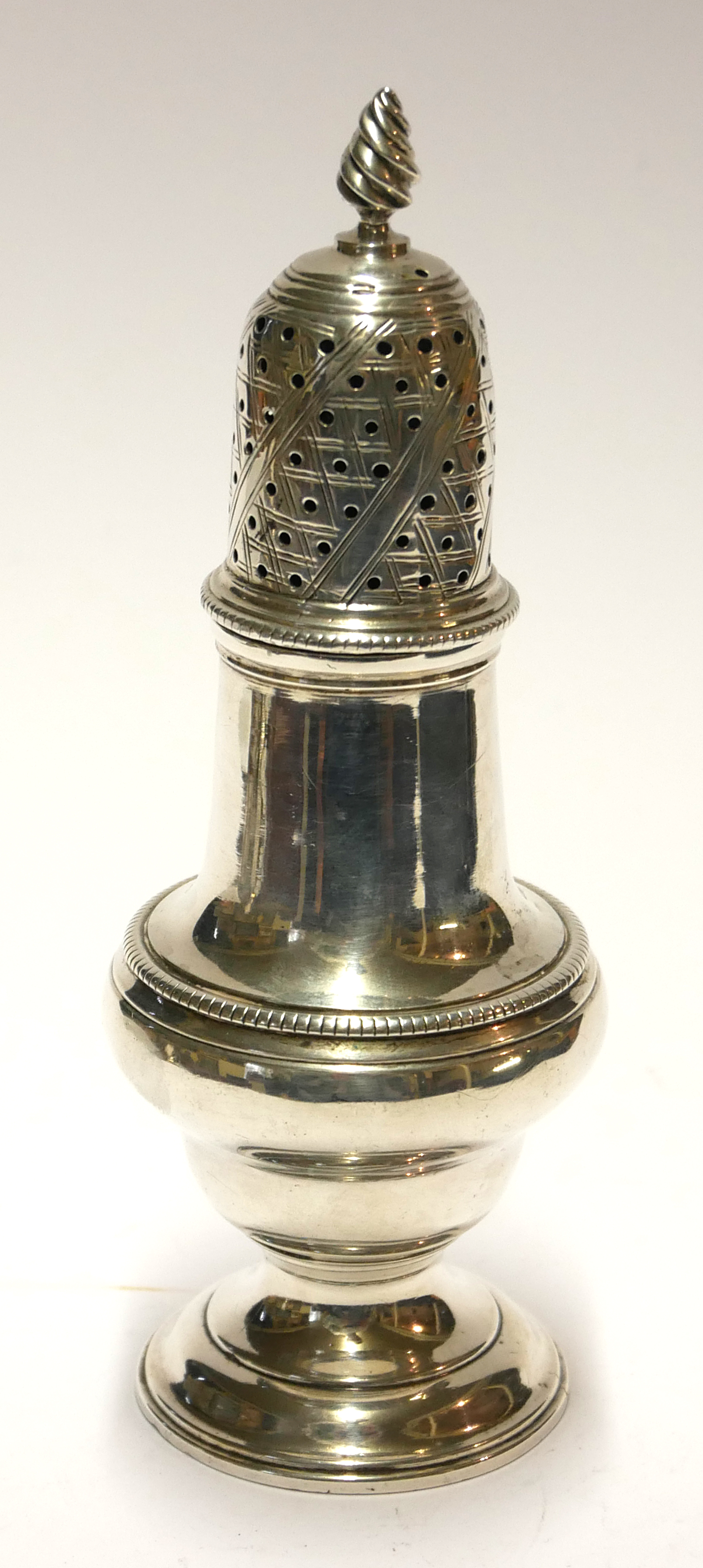 A GEORGIAN SILVER BALUSTER CASTER With beaded edge, hallmarked Jabez Danielle and James Mince,