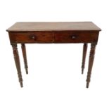 A 19TH CENTURY MAHOGANY SIDE TABLE With two drawers, raised on turned legs. (75.5cm x w 91.5cm x