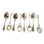 A COLLECTION OF EIGHT GEORGIAN SILVER TABLESPOONS. (approx 20cm) (453g)
