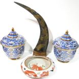 A COLLECTION OF 20TH CENTURY CHINESE PORCELAIN Comprising a pair of blue and white vases and covers,