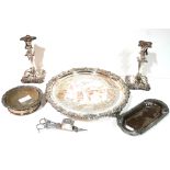 A COLLECTION OF 19TH CENTURY AND LATER SILVER PLATED WARE Comprising a salver with scrolled edge and