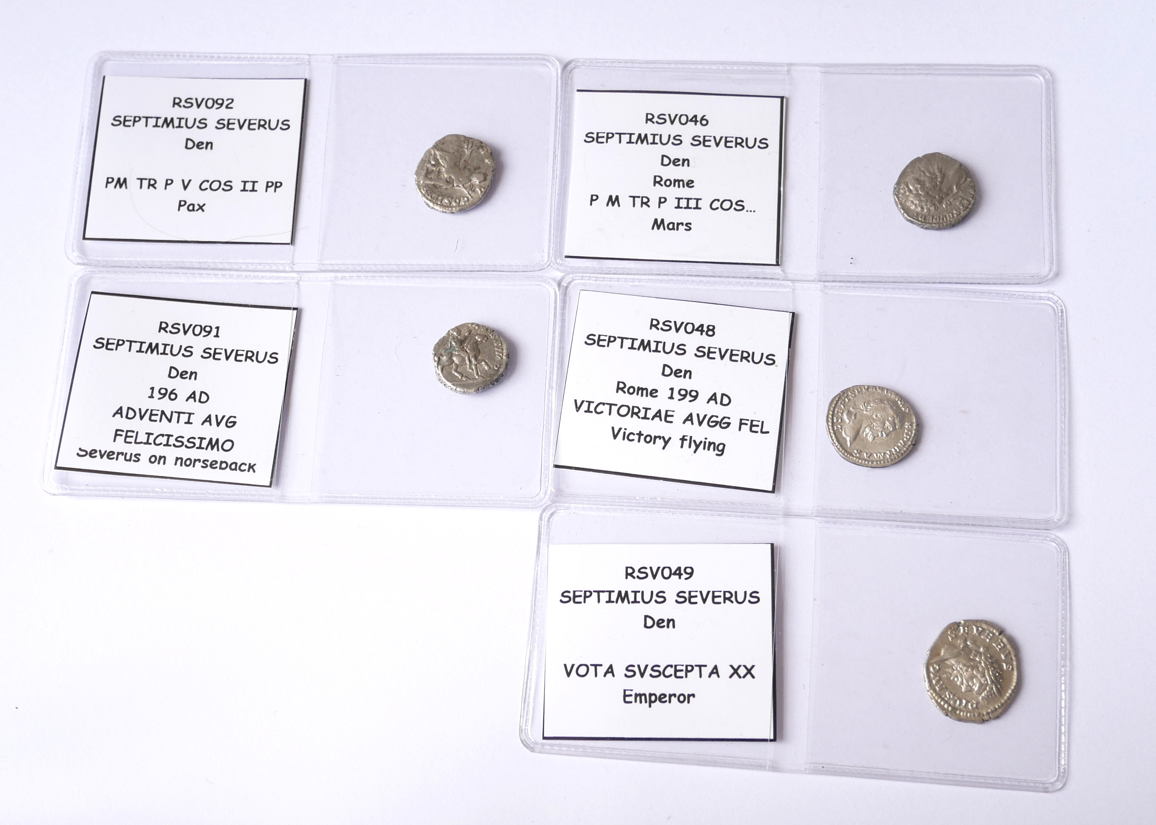 SEPTIMIUS SEVERUS, A COLLECTION OF FIVE ROMAN SILVER COINS PM TR P V COS II PP Pax,196 ADVENTU ABG