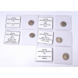 SEPTIMIUS SEVERUS, A COLLECTION OF FIVE ROMAN SILVER COINS PM TR P V COS II PP Pax,196 ADVENTU ABG