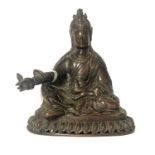 AN ANTIQUE NEPALESE-TIBETAN BRONZE FIGURE OF BUDDHA AMITAYUS Wearing a long Monks robe and tiara,