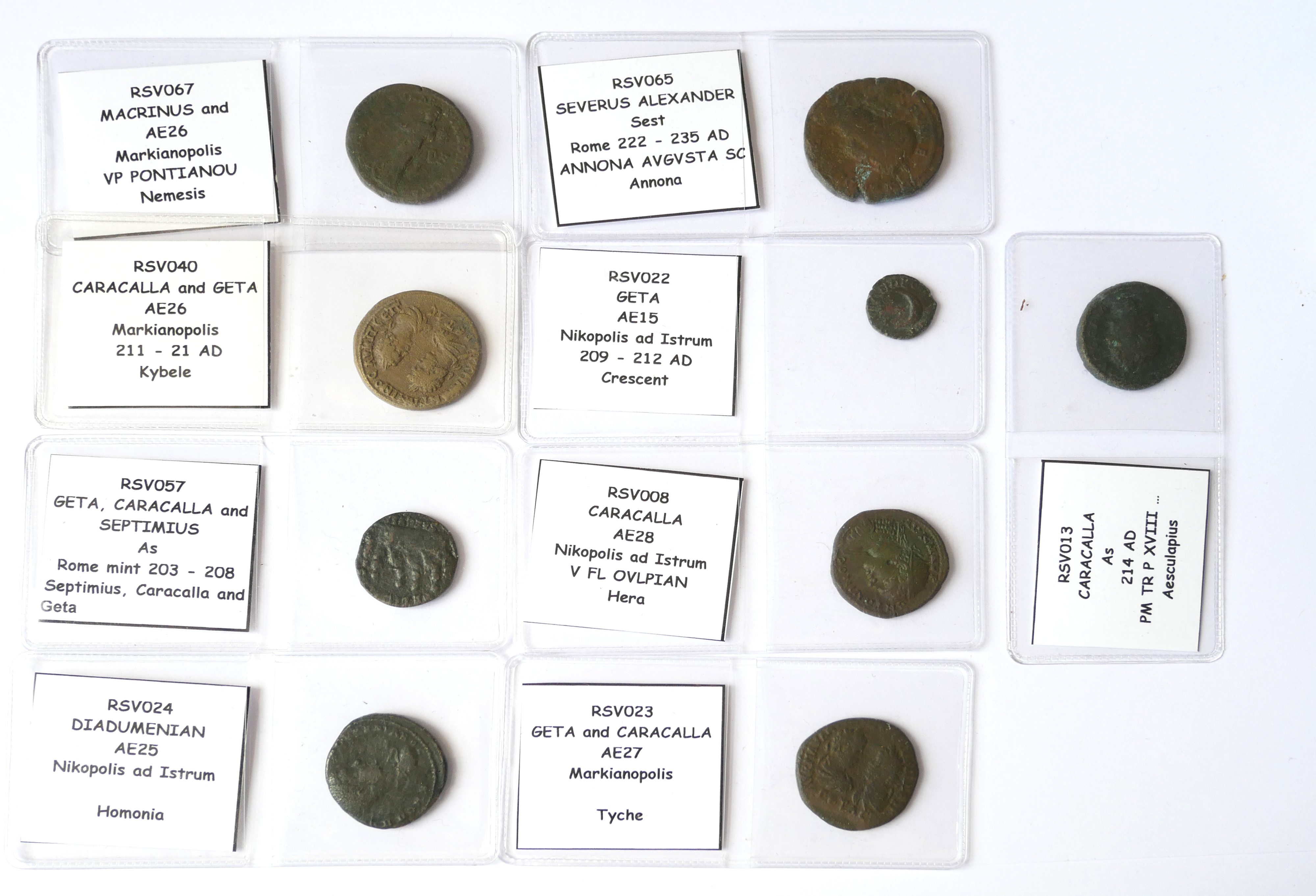 A COLLECTION OF TEN ROMAN BRONZE COINS Caracalla AD 214 AD PM TR P XBIII Aesculapius, Ae28 Nikopolis