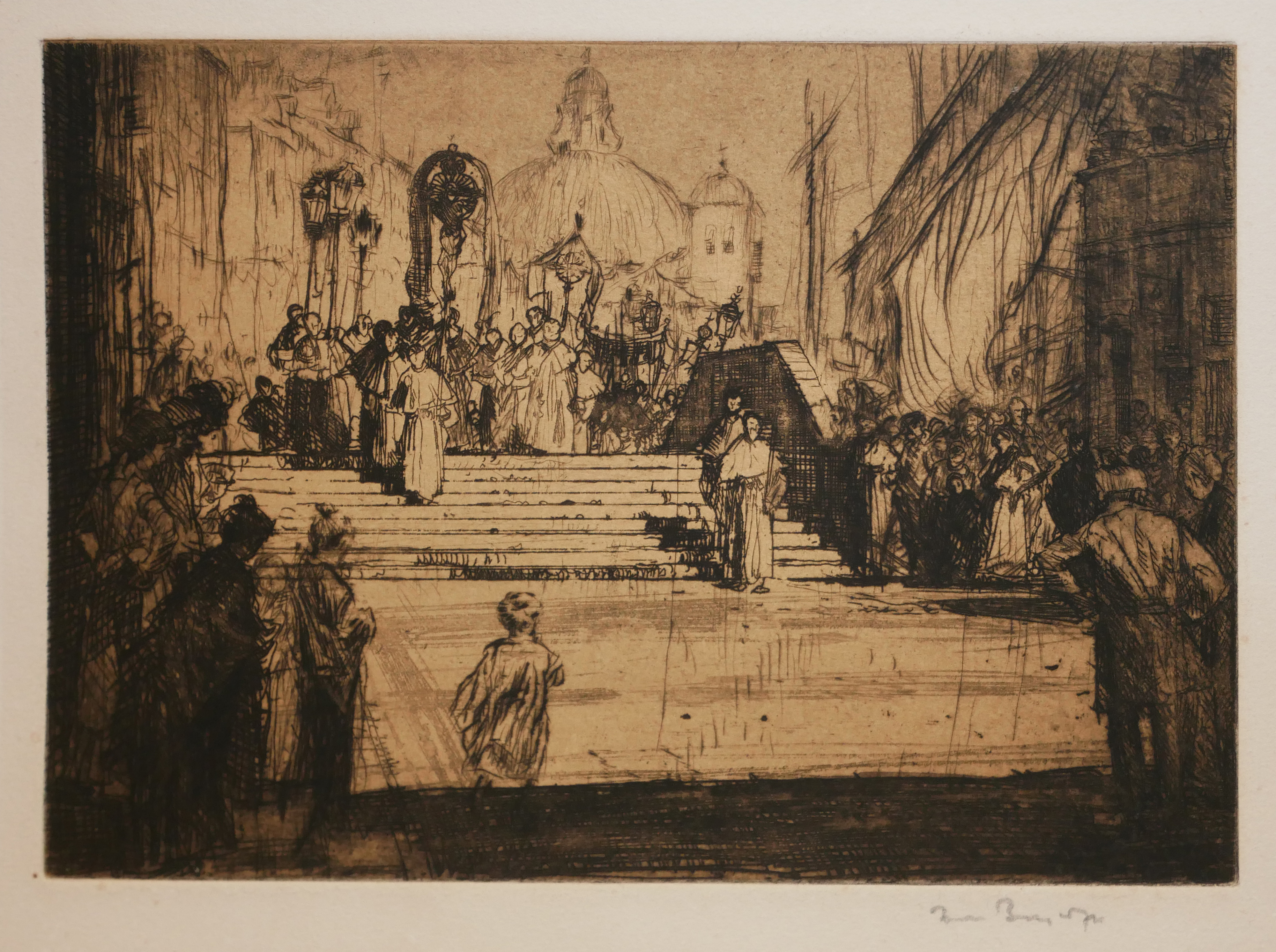 SIR FRANK BRANGWYN, R.A., 1857 - 1956, ETCHING Venetian procession, signed. (plate 25.5cm x 18cm,