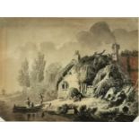 A 19TH CENTURY DUTCH PEN, INK AND WASH River landscapes with a cottage and figures in a boat, in