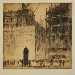 SIR FRANK BRANGWYN, R.A., 1857 - 1956, ETCHING French street scene, with figures buildings and