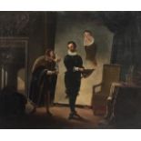 A 19TH CENTURY OIL OF CANVAS, INTERIOR SCENE An artist wearing Tudor attire, unframed. (approx