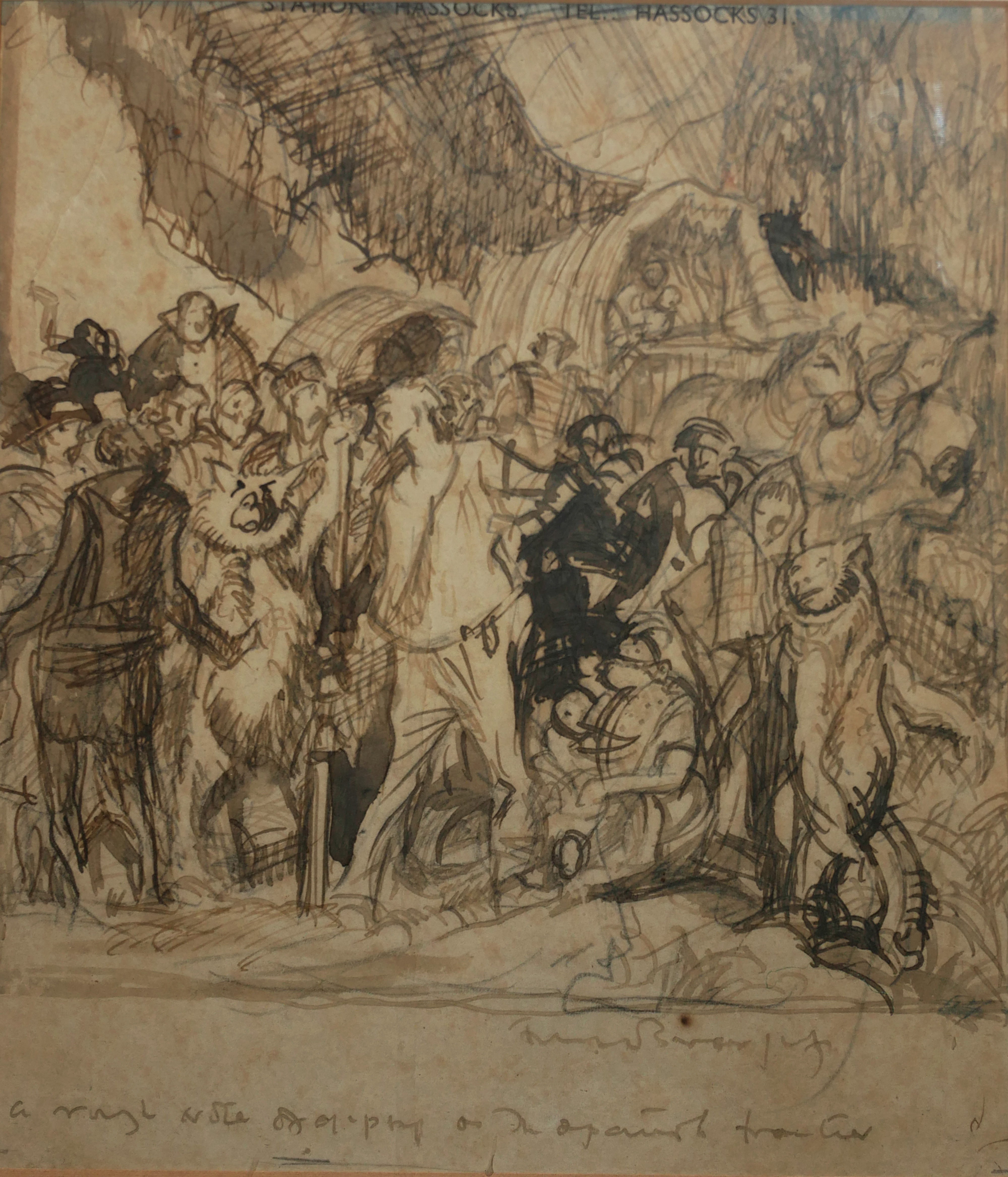 SIR FRANK BRANGWYN, R.A., 1857 - 1956, PEN AND WASH DRAWING Study of bears and circus performers,