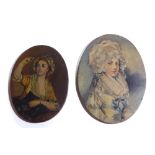TWO OVAL PORTRAIT MINIATURES ON PANEL Maiden wearing 19th Century attire and a lady picking