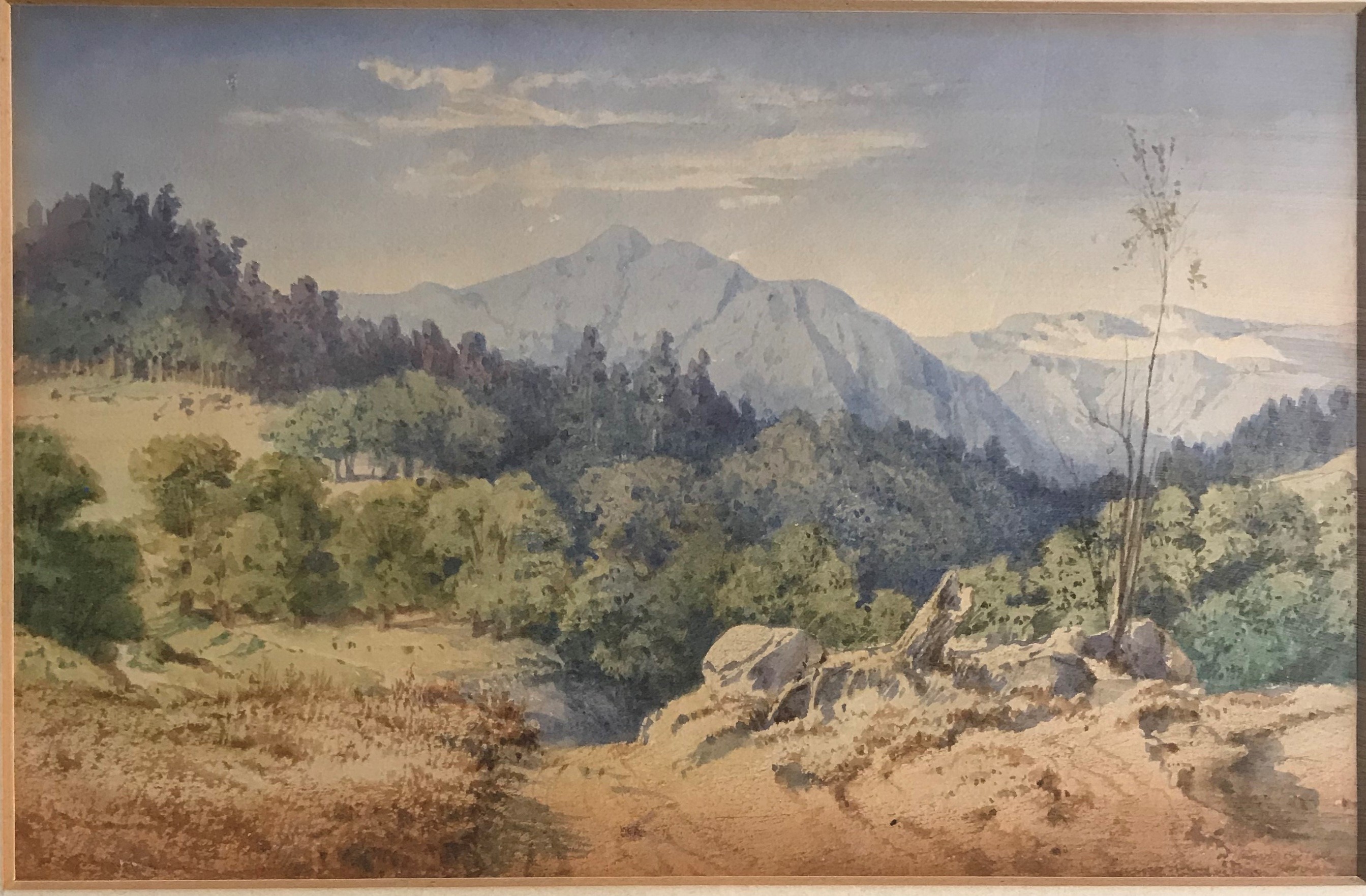 A LATE 19TH/20TH CENTURY WATERCOLOUR Landscape view, The Alps, gilt framed and glazed. (sheet 22cm x