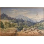 A LATE 19TH/20TH CENTURY WATERCOLOUR Landscape view, The Alps, gilt framed and glazed. (sheet 22cm x