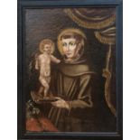 18TH CENTURY SPANISH SCHOOL OIL CANVAS Naive portrait monk and young Christ, framed. (72cm x 94cm)