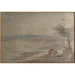 DAVID COX SENIOR, 1783 - 1859, A 19TH CENTURY WATERCOLOUR Landscape view, figures in a carriage,