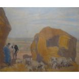 SIR FRANK BRANGWYN, BRITISH, 1867 - 1956, LITHOGRAPH Landscape, haystack with sheep in foreground,