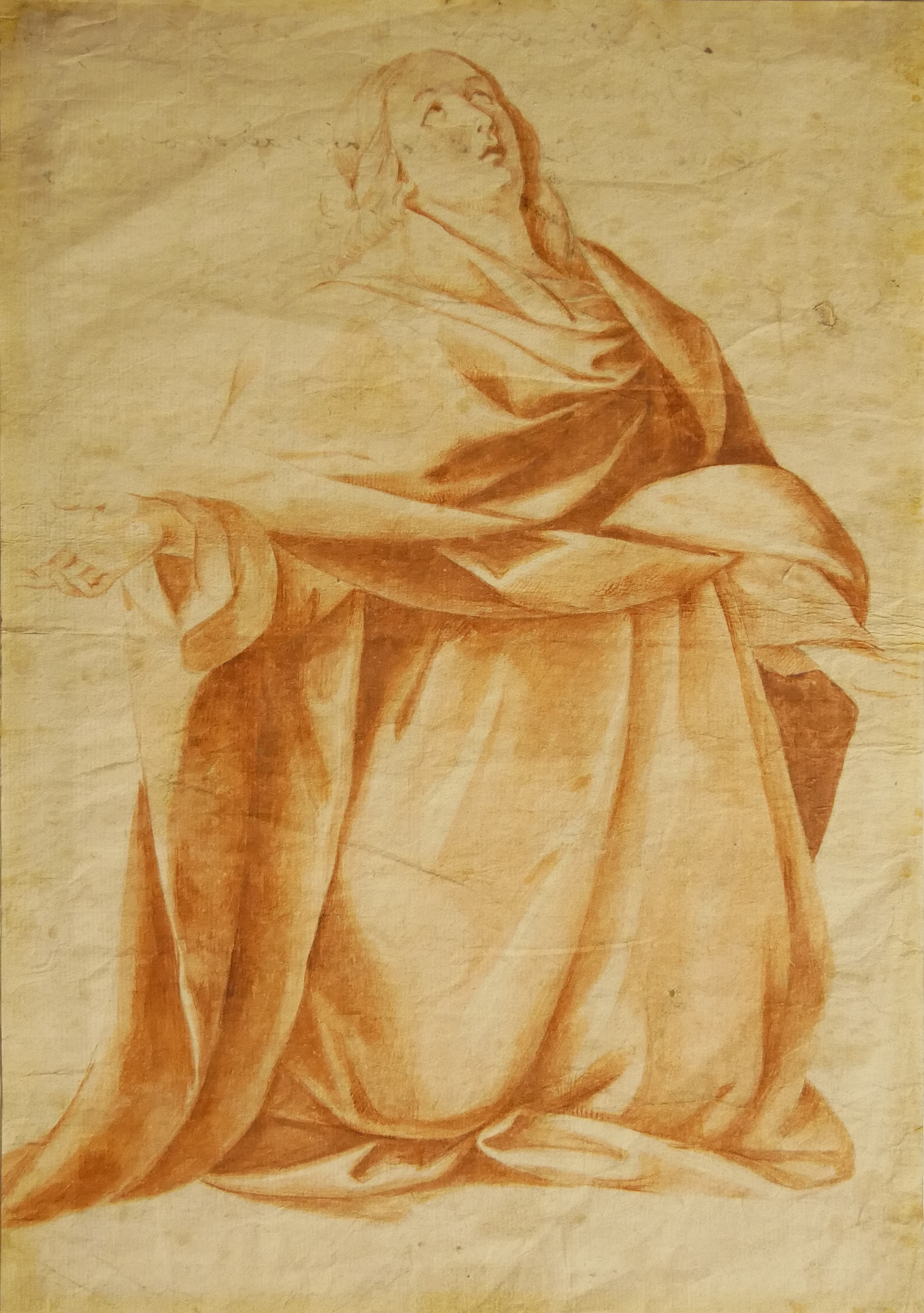 A 17TH CENTURY ITALIAN DRAWING Madonna wearing draped robe kneeling gazing into the heavens with