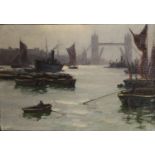 AUGUSTUS WILLIAM ENNESS, 1876 - 1948, OIL ON CANVAS The Thames looking towards Tower Bridge, signed,