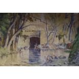 AN EARLY 20TH CENTURY CONTINENTAL SCHOOL PASTEL Riverside landscape, washer women, framed and