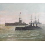 NORMAN WILKINSON, 1878 - 1971, OIL ON CANVAS Seascape, three British warships, signed, dated lower