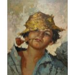 DOMINI, 20TH CENTURY CONTINENTAL SCHOOL OIL ON CANVAS Portrait of a young boy wearing a straw hat,