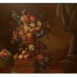 A LARGE LATE 18TH CENTURY OIL ON CANVAS Still life, fruit and flowers in bulbous urn on a ledge with