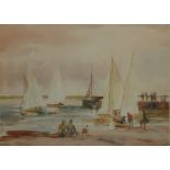 ALBERT CHARLS RIBBANS, 1903 - 1966, 20TH CENTURY WATERCOLOUR Sails on shoreline, signed bottom