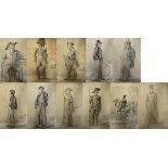 ELEVEN EARLY 19TH CENTURY PENCIL CARICATURES Of a police man, military gentleman and other