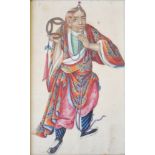 A 19TH CENTURY CHINESE WATERCOLOUR ON SILK PORTRAIT Holding a large bronze wheel and colourful