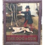 THE DOG AND GUN, A BYEGONE DOUBLE SIDED WOODEN PUB SIGN. (100cm x 120cm)