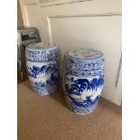 A PAIR OF CHINESE BLUE AND WHITE GARDEN BARREL STOOL Decorated with landscape views, flowers and
