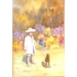 AN EDWARDIAN WATERCOLOUR Young boy with toy horse in a garden setting, mounted, framed and